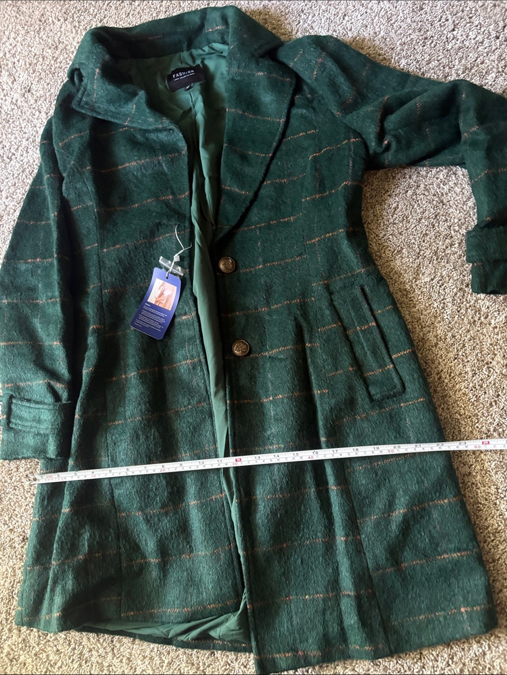Forest Green Plaid Wool-Blend Pea Coat - Picture 6 of 7